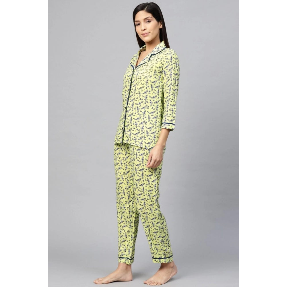 Indoraa Women's Casual 3/4 Sleeve Floral Printed Rayon Shirt With Pyjama Pant Night Suit Set (Green)