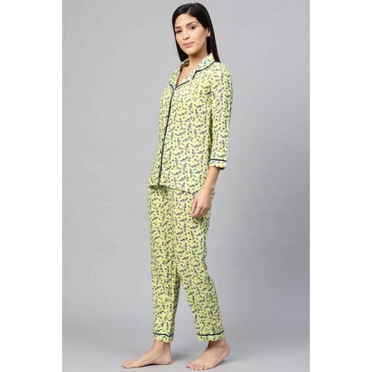 Indoraa Women's Casual 3/4 Sleeve Floral Printed Rayon Shirt With Pyjama Pant Night Suit Set (Green)