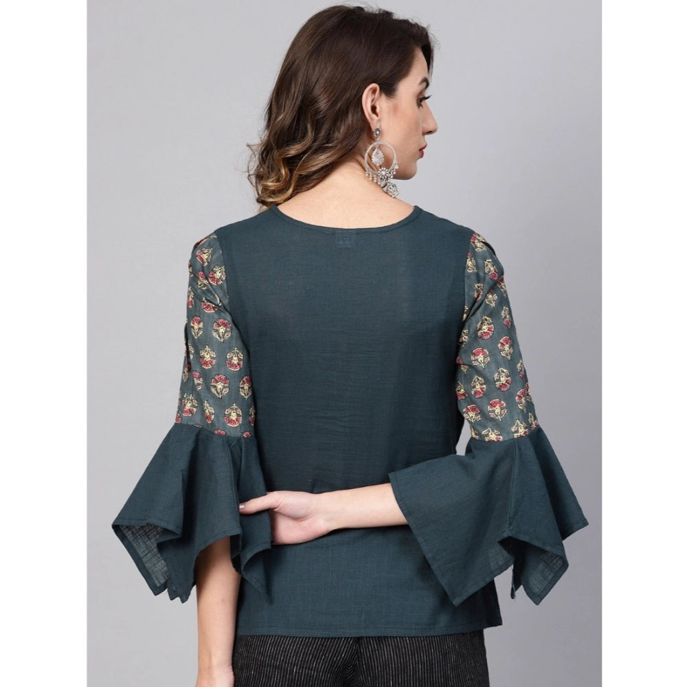 Indoraa Women's Casual Bell Sleeves Floral Printed Cotton Slub Top (Grey)