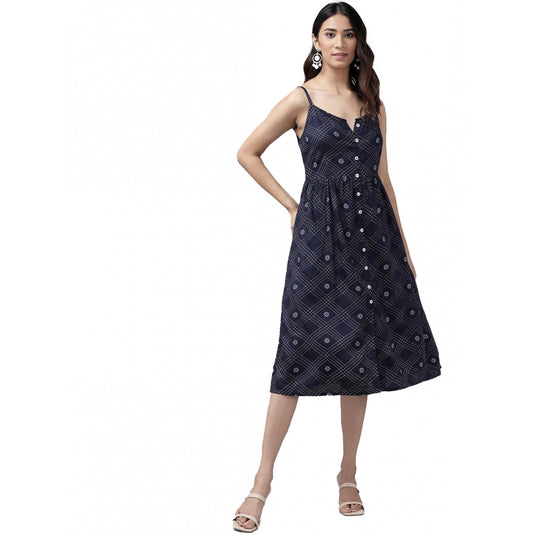 Indoraa Women's Casual Sleeveless Stripe Printed Rayon Dress (Blue)