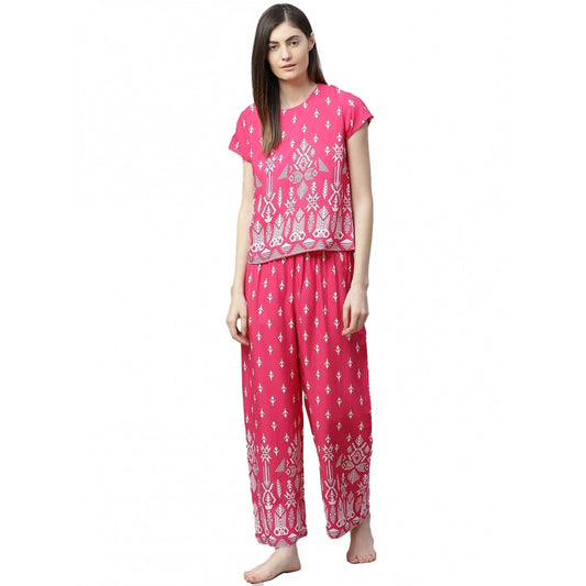 Indoraa Women's Casual Short Sleeve Printed Rayon Pajama Set (Pink)