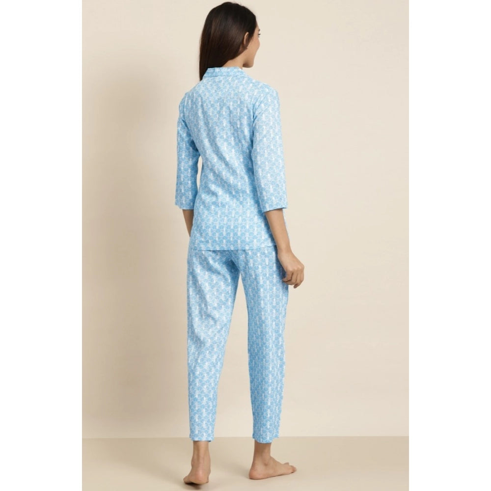 Indoraa Women's Casual 3/4 th Sleeve Floral Printed Rayon Shirt With Pyjama Pant Night Suit Set (Blue)