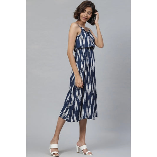 Indoraa Women's Casual Sleeveless Ikat Print Rayon Dress (Blue)
