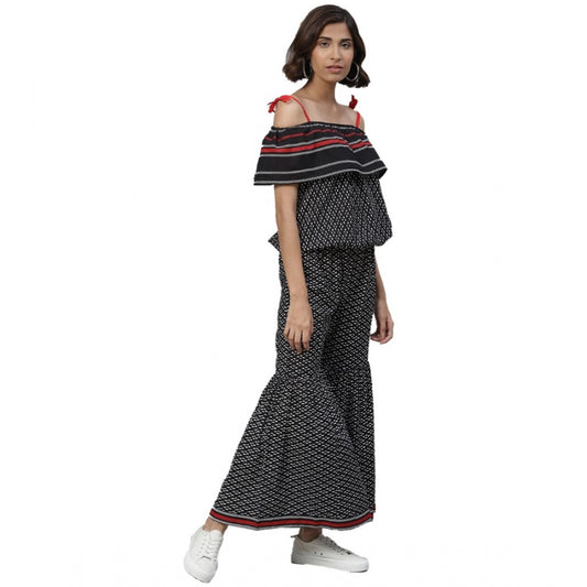 Indoraa Women's Casual shoulder sleeve Geomatrical Printed Cotton Dress (Black)