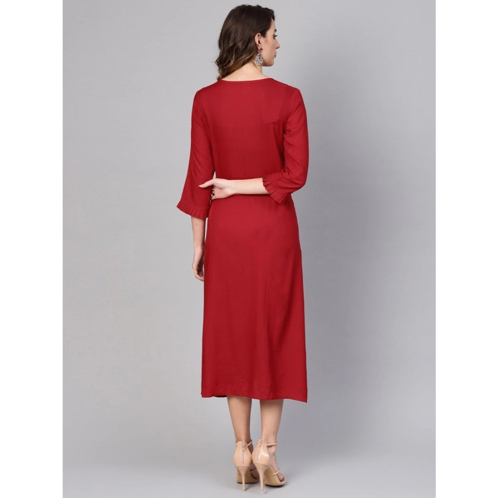 Indoraa Women's Casual 3/4 th Sleeve Solid Rayon Dobby Dress (Maroon)