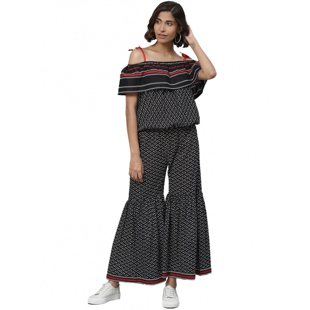 Indoraa Women's Casual shoulder sleeve Geomatrical Printed Cotton Dress (Black)