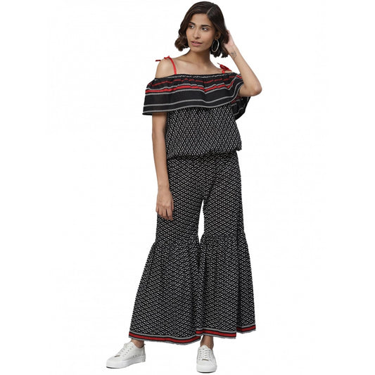 Indoraa Women's Casual shoulder sleeve Geomatrical Printed Cotton Dress (Black)