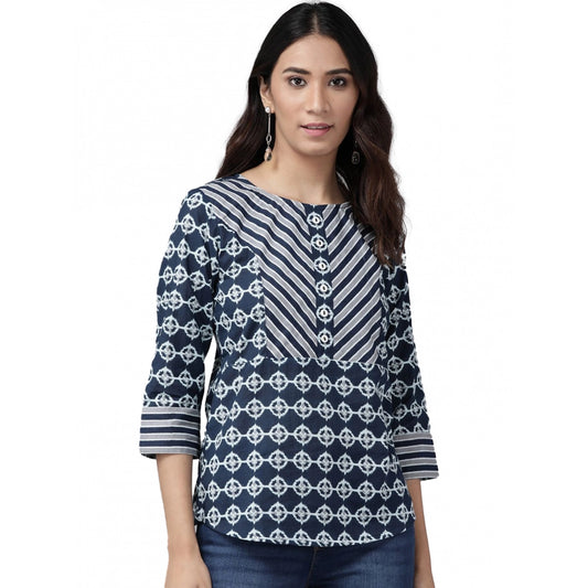 Indoraa Women's Casual 3/4 th Sleeve Floral Printed Cotton Top (Blue)