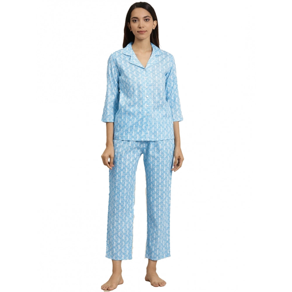 Indoraa Women's Casual 3/4 th Sleeve Floral Printed Rayon Shirt With Pyjama Pant Night Suit Set (Blue)