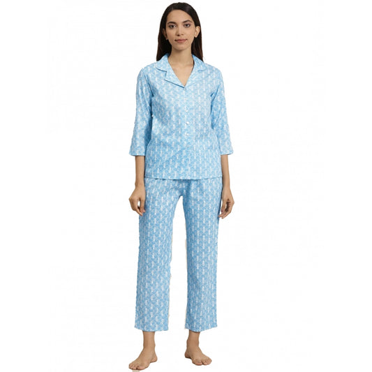 Indoraa Women's Casual 3/4 th Sleeve Floral Printed Rayon Shirt With Pyjama Pant Night Suit Set (Blue)