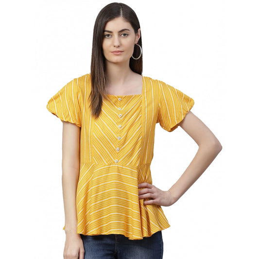Indoraa Women's Casual Short Sleeves Stripe Printed Rayon Top (Mustard)