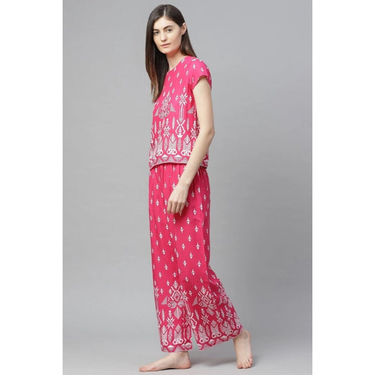 Indoraa Women's Casual Short Sleeve Printed Rayon Pajama Set (Pink)
