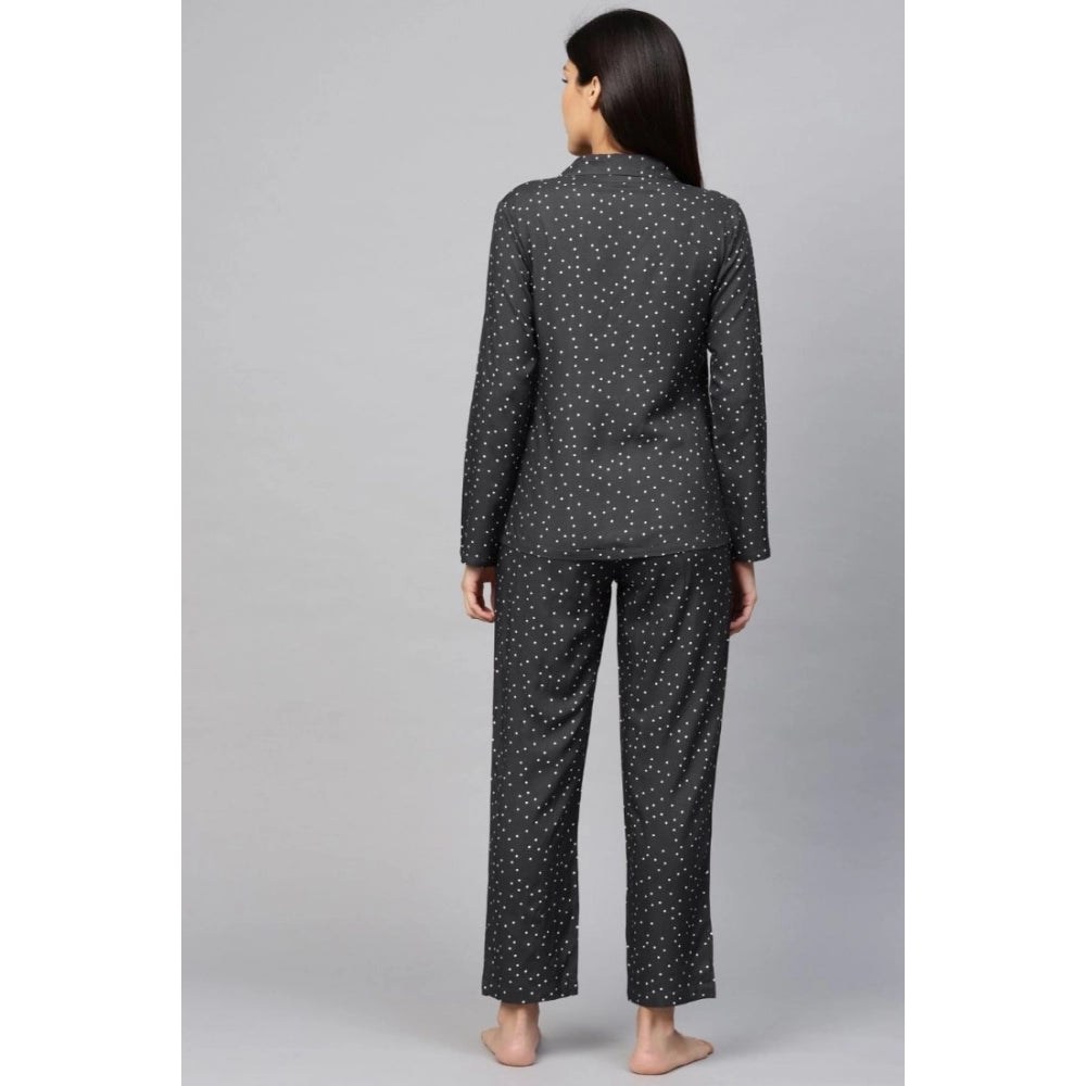 Indoraa Women's Casual Full Sleeves Polka Dot Printed Rayon Shirt With Pyjama Pant Night Suit Set (Grey)