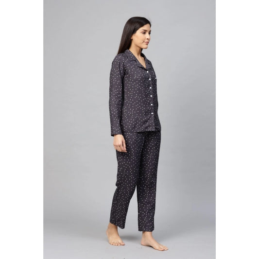 Indoraa Women's Casual Full Sleeves Polka Dot Printed Rayon Shirt With Pyjama Pant Night Suit Set (Grey)