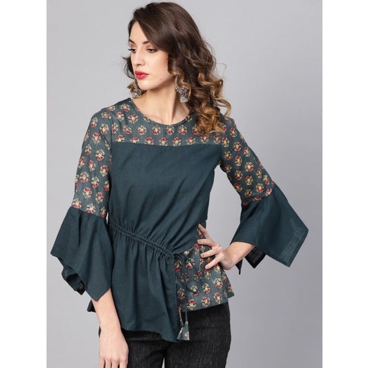 Indoraa Women's Casual Bell Sleeves Floral Printed Cotton Slub Top (Grey)