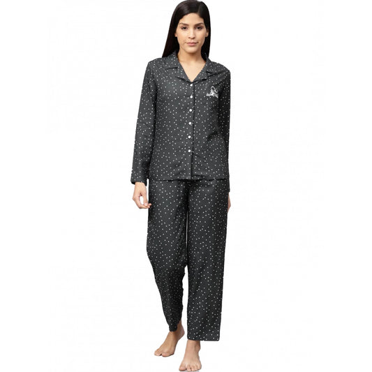 Indoraa Women's Casual Full Sleeves Polka Dot Printed Rayon Shirt With Pyjama Pant Night Suit Set (Grey)