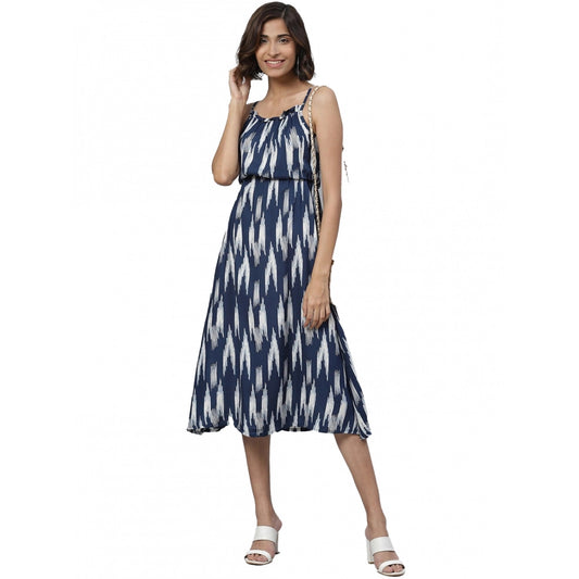Indoraa Women's Casual Sleeveless Ikat Print Rayon Dress (Blue)