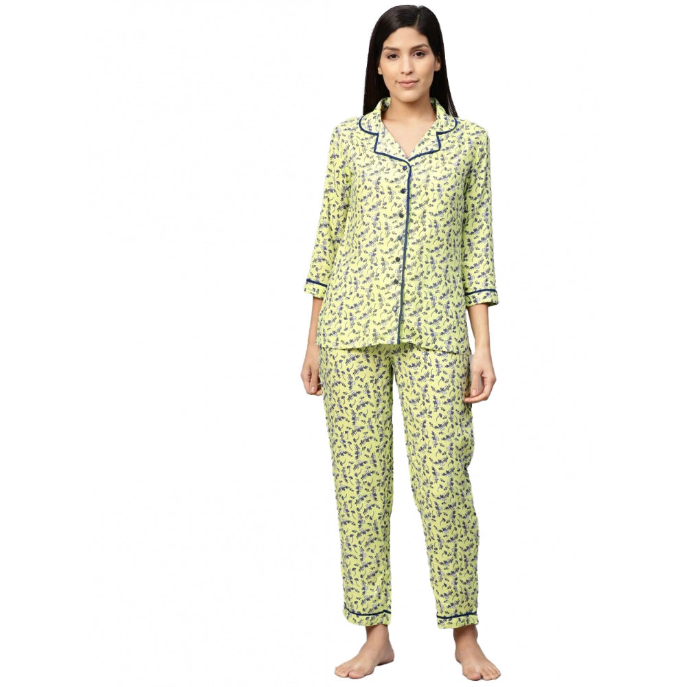 Indoraa Women's Casual 3/4 Sleeve Floral Printed Rayon Shirt With Pyjama Pant Night Suit Set (Green)