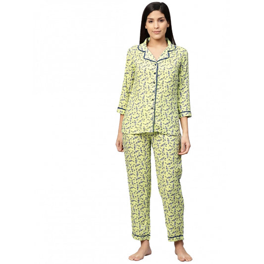 Indoraa Women's Casual 3/4 Sleeve Floral Printed Rayon Shirt With Pyjama Pant Night Suit Set (Green)