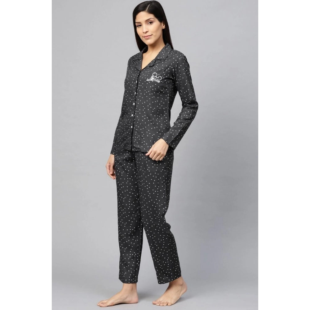 Indoraa Women's Casual Full Sleeves Polka Dot Printed Rayon Shirt With Pyjama Pant Night Suit Set (Grey)