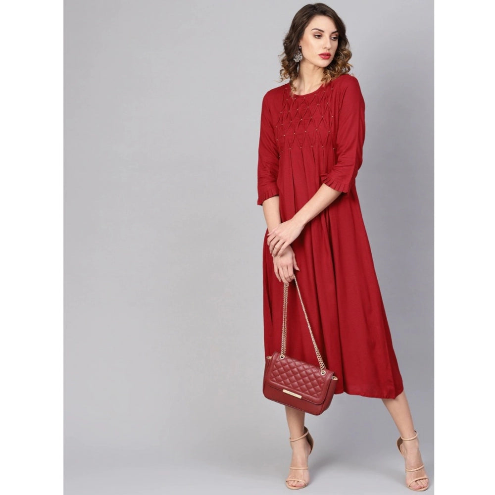 Indoraa Women's Casual 3/4 th Sleeve Solid Rayon Dobby Dress (Maroon)