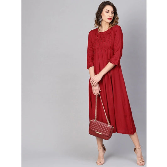 Indoraa Women's Casual 3/4 th Sleeve Solid Rayon Dobby Dress (Maroon)