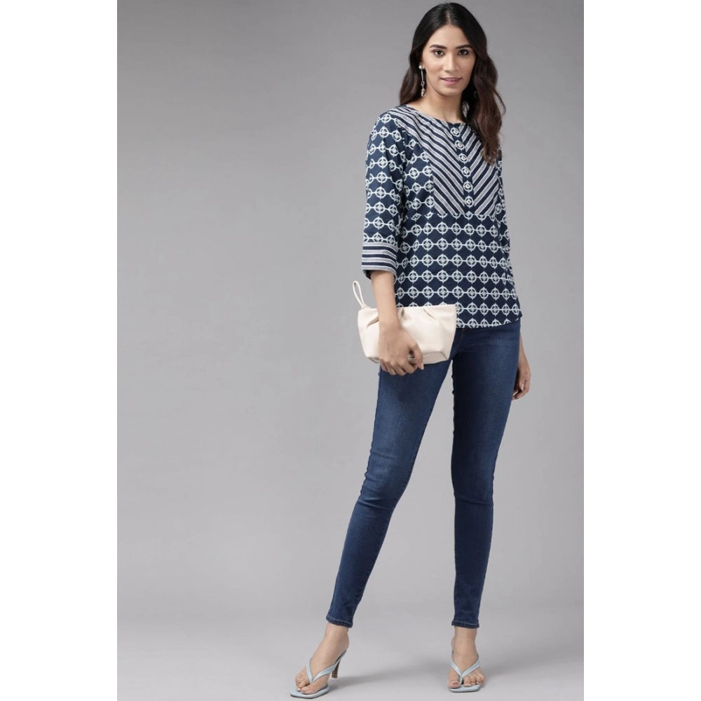 Indoraa Women's Casual 3/4 th Sleeve Floral Printed Cotton Top (Blue)