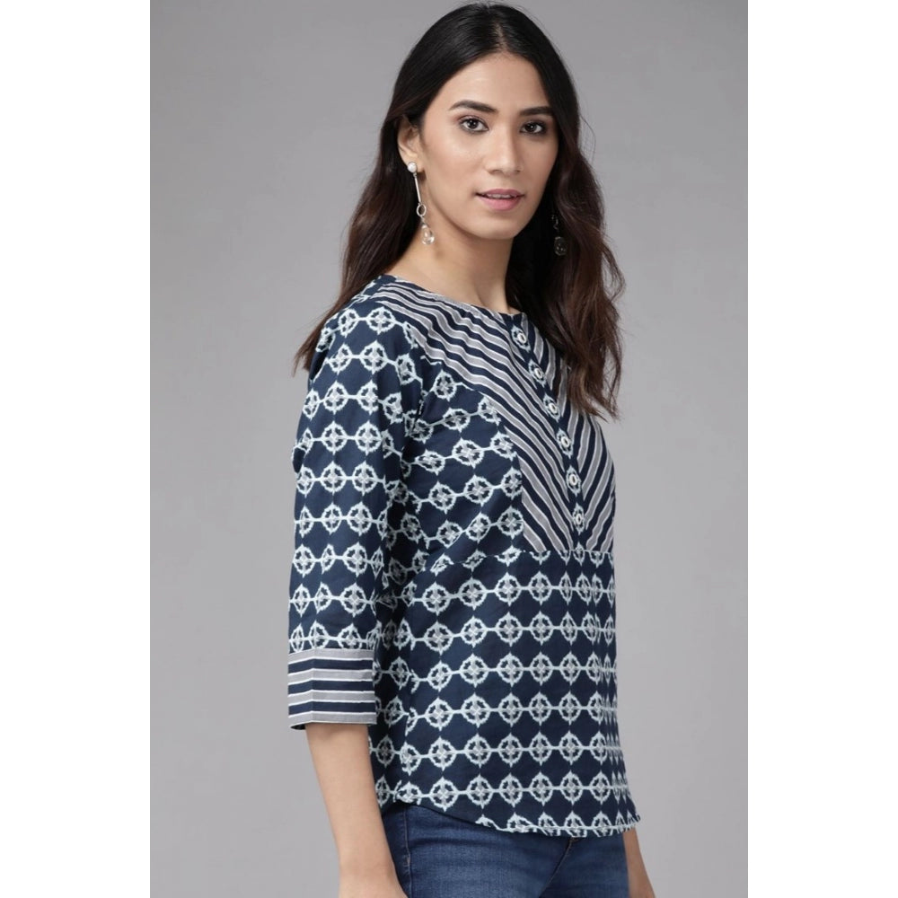 Indoraa Women's Casual 3/4 th Sleeve Floral Printed Cotton Top (Blue)