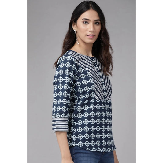 Indoraa Women's Casual 3/4 th Sleeve Floral Printed Cotton Top (Blue)