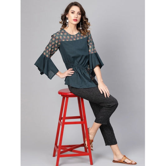 Indoraa Women's Casual Bell Sleeves Floral Printed Cotton Slub Top (Grey)