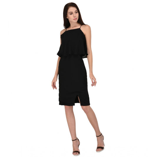 Indoraa Women's Cotton Blend Solid Sleeveless Dress (Black)
