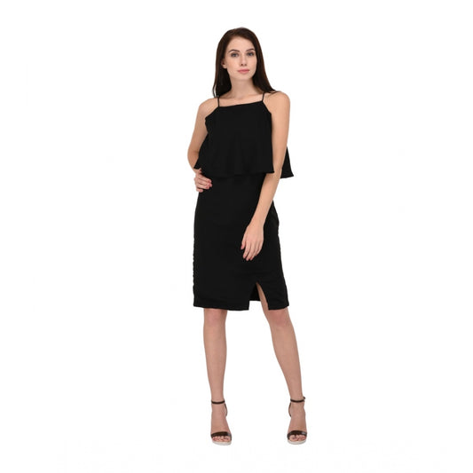 Indoraa Women's Cotton Blend Solid Sleeveless Dress (Black)