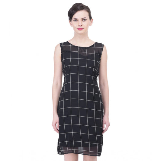 Indoraa Women's Cotton Blend Checked Sleeveless Sheath Dress (Black)