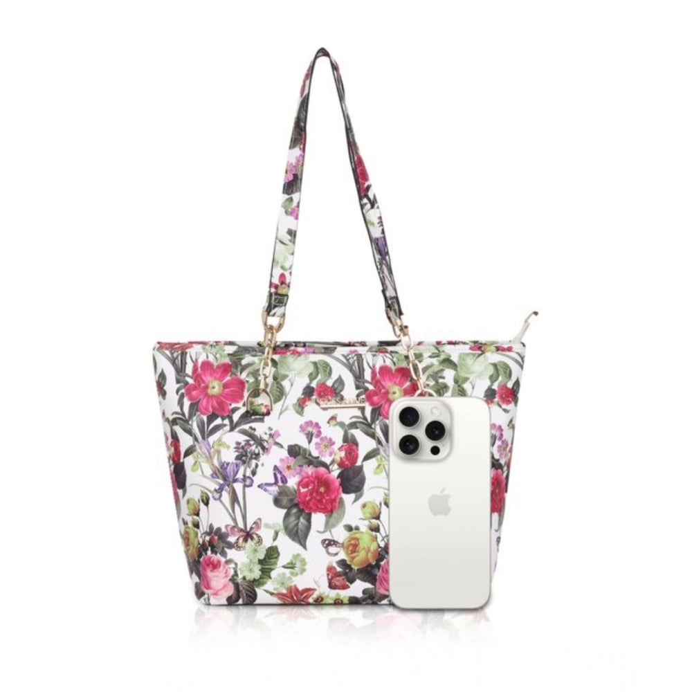 indoraa Women's Faux Leather Printed Tote Bag (White Pink)