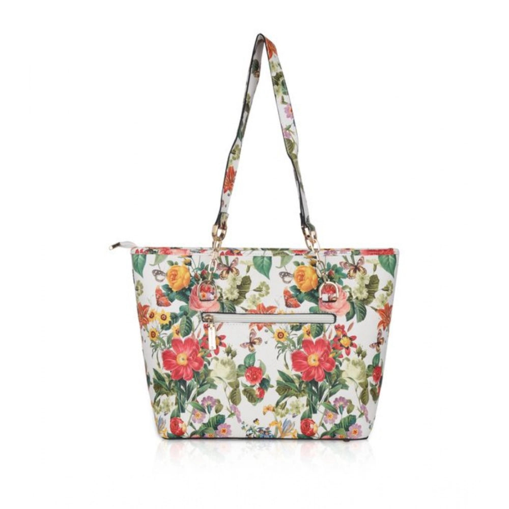 indoraa Women's Faux Leather Printed Tote Bag (White Orang)