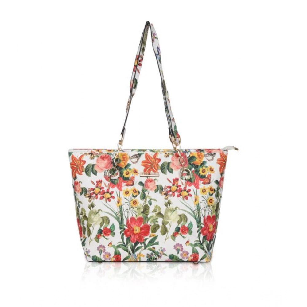 indoraa Women's Faux Leather Printed Tote Bag (White Orang)