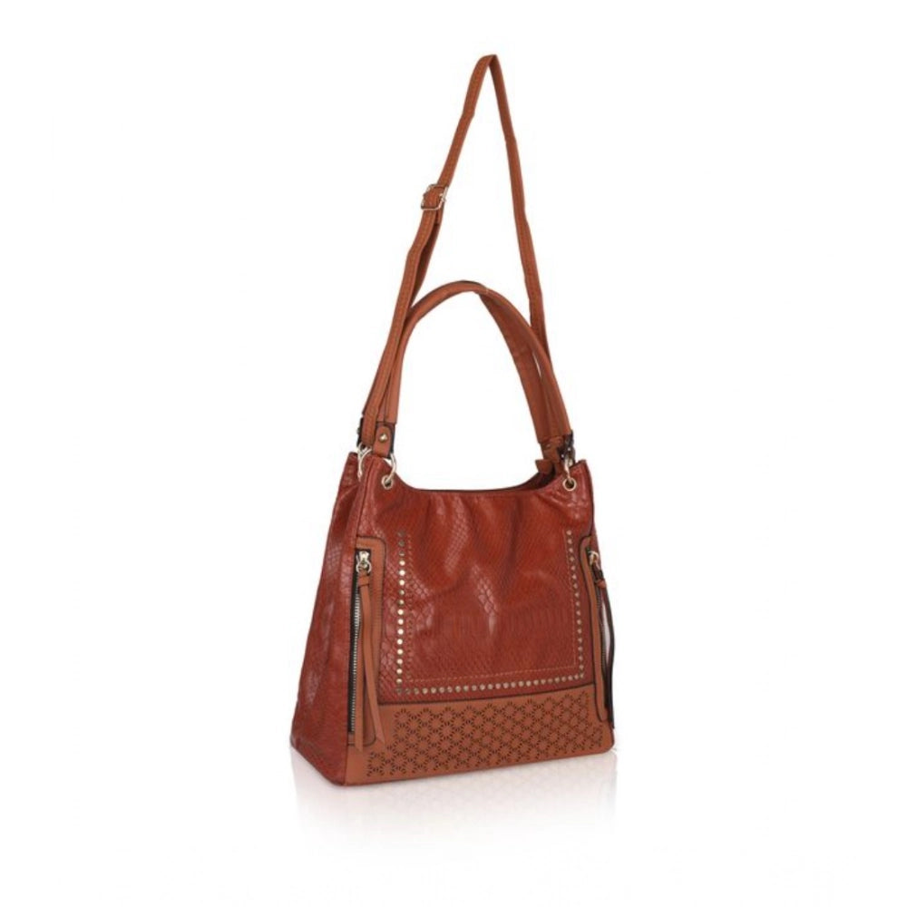 indoraa Women's Faux Leather Textured Tote Bag (Brown)