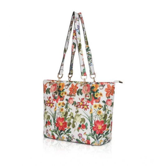 indoraa Women's Faux Leather Printed Tote Bag (White Orang)