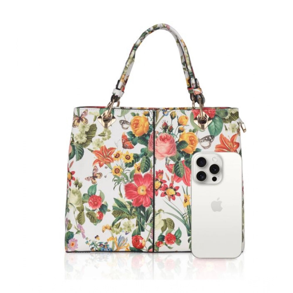 indoraa Women's Faux Leather Printed Handheld Bag (White Orang)