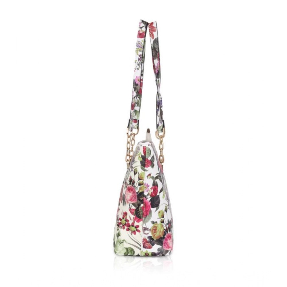 indoraa Women's Faux Leather Printed Tote Bag (White Pink)