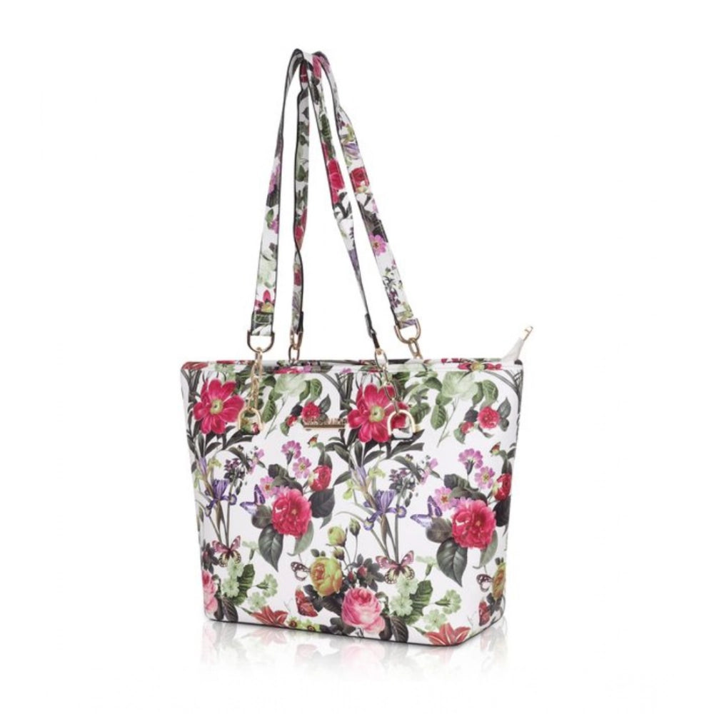 indoraa Women's Faux Leather Printed Tote Bag (White Pink)