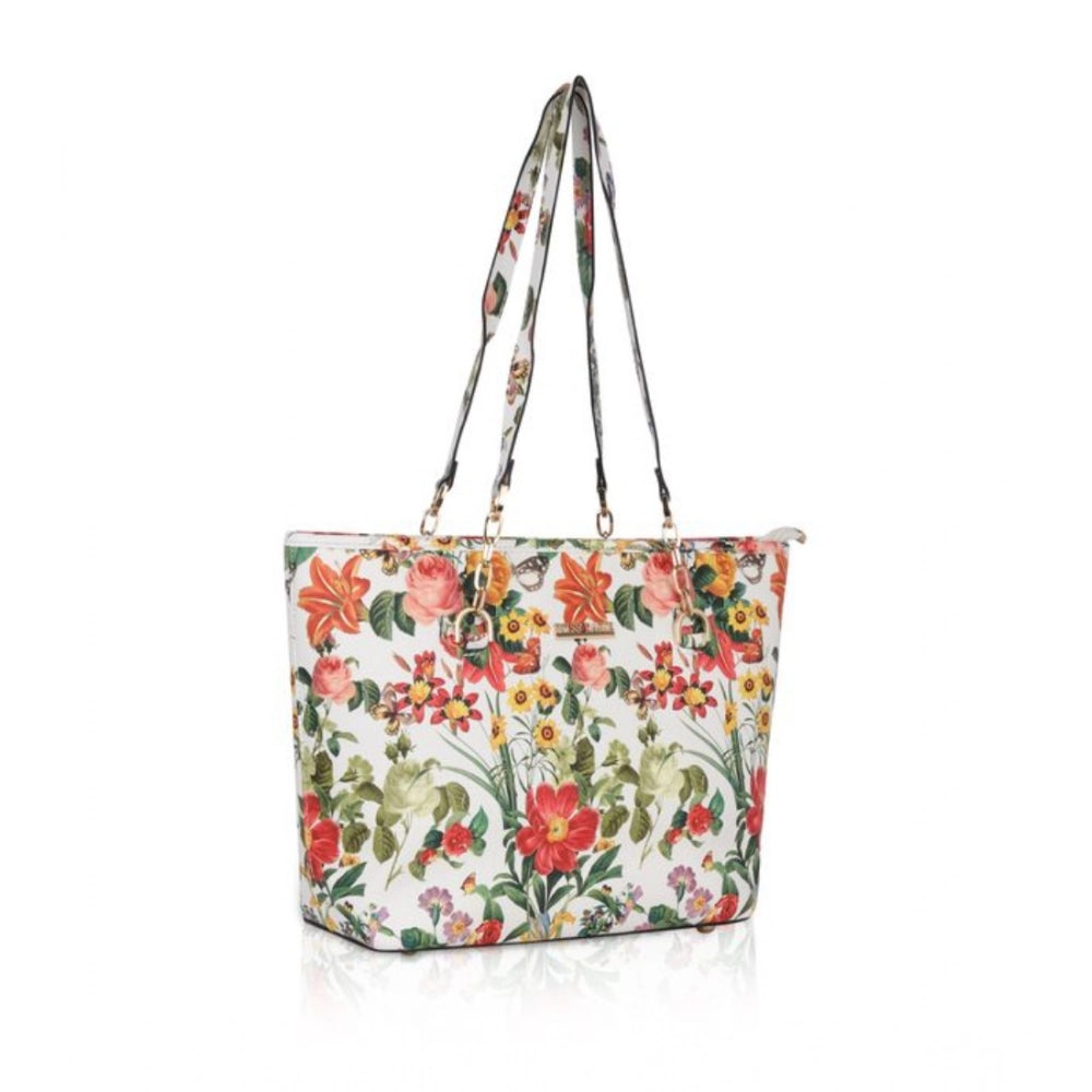 indoraa Women's Faux Leather Printed Tote Bag (White Orang)