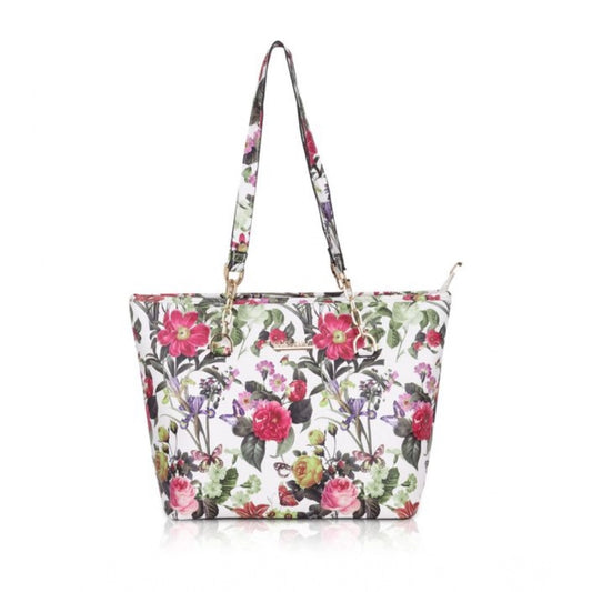 indoraa Women's Faux Leather Printed Tote Bag (White Pink)