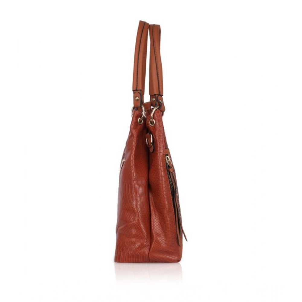 indoraa Women's Faux Leather Textured Tote Bag (Brown)