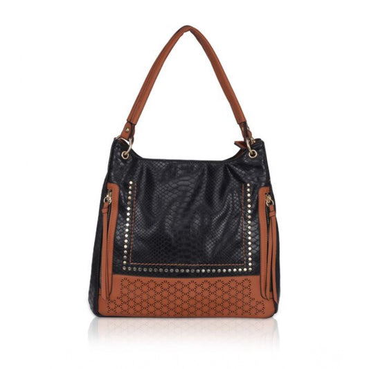 indoraa Women's Faux Leather Textured Tote Bag (Black)