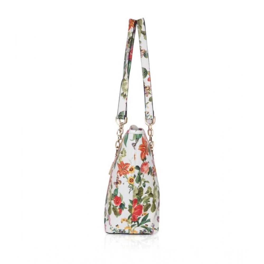 indoraa Women's Faux Leather Printed Tote Bag (White Orang)