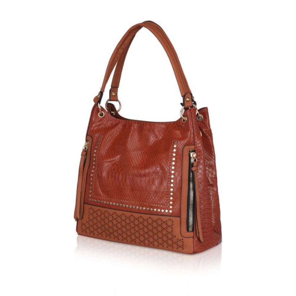 indoraa Women's Faux Leather Textured Tote Bag (Brown)