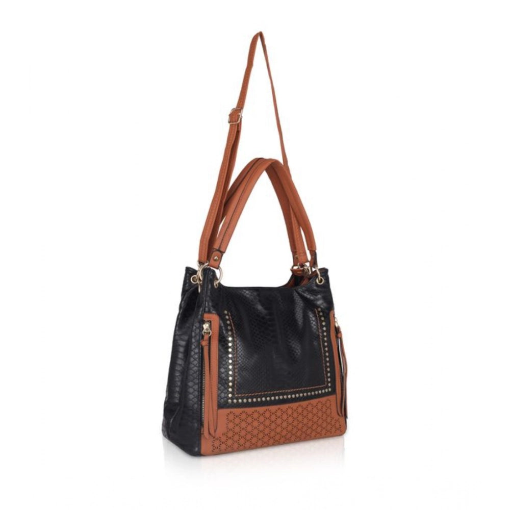indoraa Women's Faux Leather Textured Tote Bag (Black)