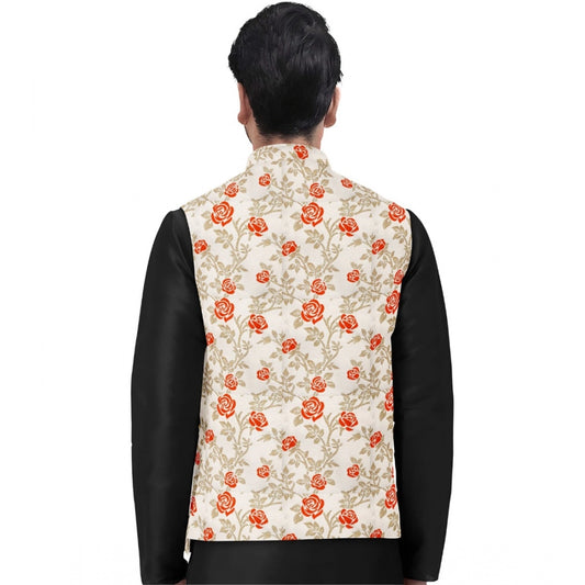 Indoraa Men's Jacquard Printed Full Sleeve Waistcoat (Orange-Beige)