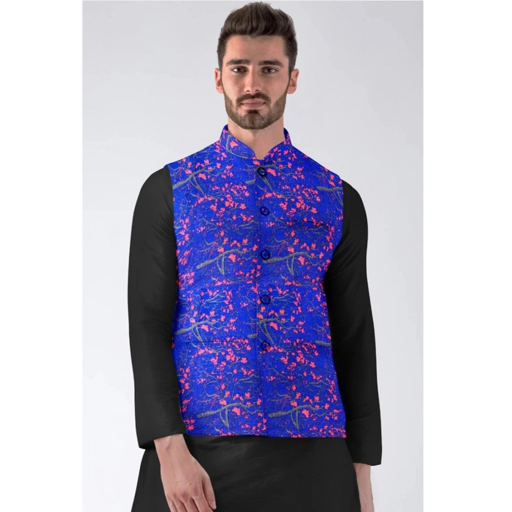 Indoraa Men's Jacquard Printed Full Sleeve Waistcoat (Blue)